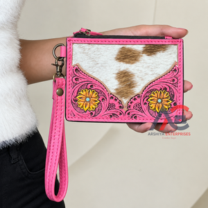 2026 Custom Hand Tooled Cowhide Leather Mini Card <b>Holder</b> Purses Stylish Floral Design Zipper Closure Wristlet Wallet for Unisex - Product Image 1
