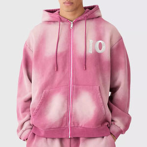 Ensemble de survêtement unisexe rose tie-dye à capuche, manches longues, décontracté, en polaire, avec fermeture éclair, couleur dégradée, logo frontal et short – Vente en gros - Product Image 3