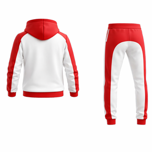 Conjunto de chándal rojo y blanco con contraste para hombre – Sudadera con capucha y cremallera y pantalones jogger, ropa deportiva ajustada para gimnasio, conjunto informal para fitness - Product Image 4