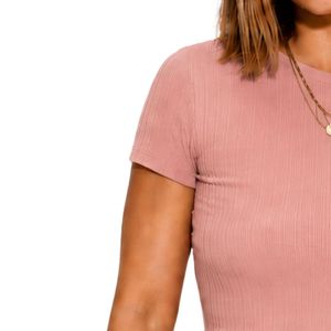 Top Corto Acanalado Rosa Pálido para Mujer, Manga Corta, Cuello Redondo, Ajuste Delgado, Camiseta Casual de Punto, Moda de Verano, Algodón Elástico y Spandex - Product Image 3