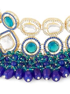 Antique Gold Plated Blue Zircon Tassel Necklace & Earring Set Women's Traditional Indian Wedding Jewelry Alloy Channel Setting - Product Image 2