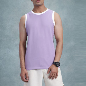 Camiseta sin mangas de punto para hombre, color lavanda, cuello redondo, ribete en contraste, corte regular, color liso. - Product Image 1