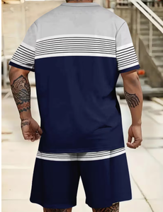 เสื้อยืดแขนสั้นลายทางสีสันสดใสสำหรับผู้ชายและชุดกางเกงขาสั้นชุดกีฬาฤดูร้อน - Product Image 4
