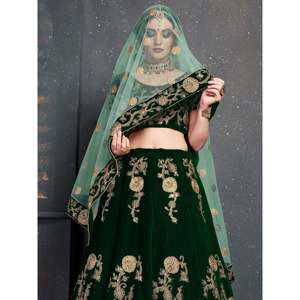 Embroidered Velvet Bridal Lehenga Choli in <b>Bottle</b> Green - Product Image 5