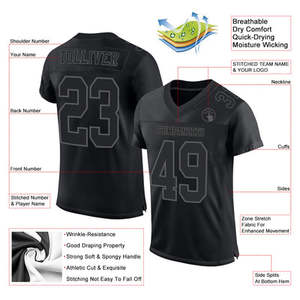 Maillot de football américain personnalisé en maille noire, col en V, manches courtes, impression par sublimation, nom et numéro de l'équipe, coupe régulière pour adulte - Product Image 2
