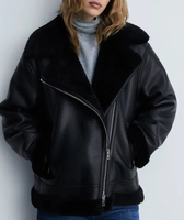 Veste en cuir véritable noire avec garniture en fourrure, col rabattable, fermeture éclair, coupe ample, style moto, vêtement d'hiver