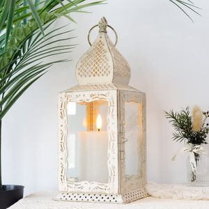White Iron Lanterns With Glass Panels And Metal Ring Tops For Home Decoration - Product Image 5