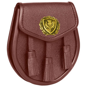 Scottish Vegan Faux Leather Sporran with Leather <b>Belt</b> & <b>Chain</b> Brown Leather Thistle Badge Highland Outfit - Product Image 4
