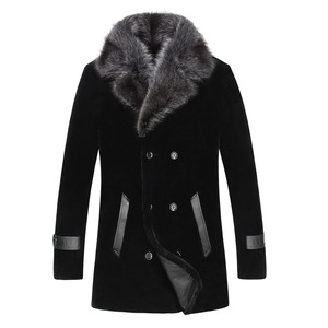 Men's Winter Wool Blend <b>Coat</b> <b>With</b> Faux <b>Fur</b> Collar And <b>Leather</b> Trim Full Sleeve Windproof Jacket - Product Image 6