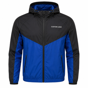 <b>Men's</b> <b>Black</b> Blue Color Blocking Hooded <b>Windbreaker</b> Jacket Waterproof Zipper Closure Sporty Style Front Logo Regular Fit Jacket - Product Image 1