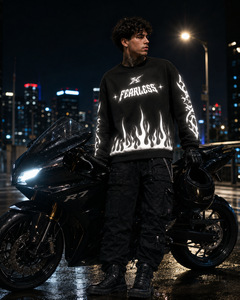 Sweat-shirt oversize réfléchissant pour homme, style motard, streetwear, noir, design lumineux, logo au dos, col rond - Product Image 1
