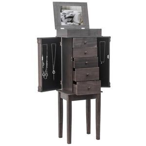 Armoire à bijoux sur pied avec 5 tiroirs et 8 crochets pour colliers, meuble de rangement supérieur et 2 organiseurs latéraux, miroir inclus - Product Image 1