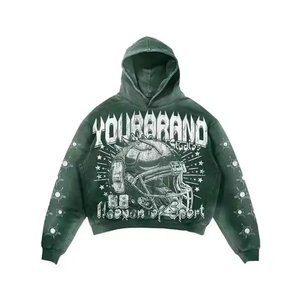 Ensemble de survêtement vert à capuche pour homme, personnalisé avec votre marque, manches longues, imprimé, style streetwear, avec poches latérales, pour l'automne - Product Image 3