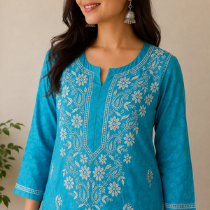 Modern Turquoise Blue Hand Embroidered Lucknowi Chikankari Straight Kurti - Elegant Viscose Ethnic Tunic for <b>Women</b> - Product Image 2