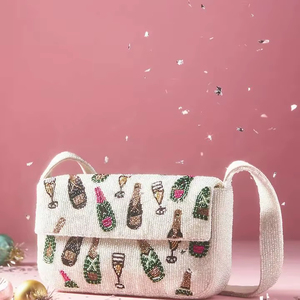 Party Style Leopard Pattern Beaded Shoulder Bag Zipper Closure Chain Strap Champagne Glass Design Women Cute Aesthetic <b>Handbag</b> - Product Image 1