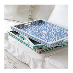 Bandeja Ecológica con Incrustaciones de Hueso, Vajilla de Madera con Diseño Floral Mediterráneo para Servir Té, Café, Aperitivos, con Asa Decorativa - Product Image 1