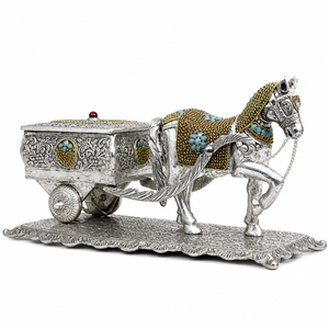 Centre de table royal indien traditionnel en métal gaufré, motif chariot de chevaux et pierre sculptée, décoration de luxe artisanale - Product Image 5