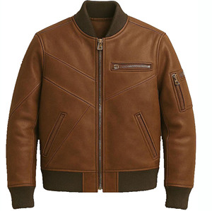 <b>Mens</b> Brown genuine Leather Bomber <b>Jacket</b> Moto Biker Style Stand Collar Zipper Closure Regular Fit Solid Color four season Wear - Product Image 1