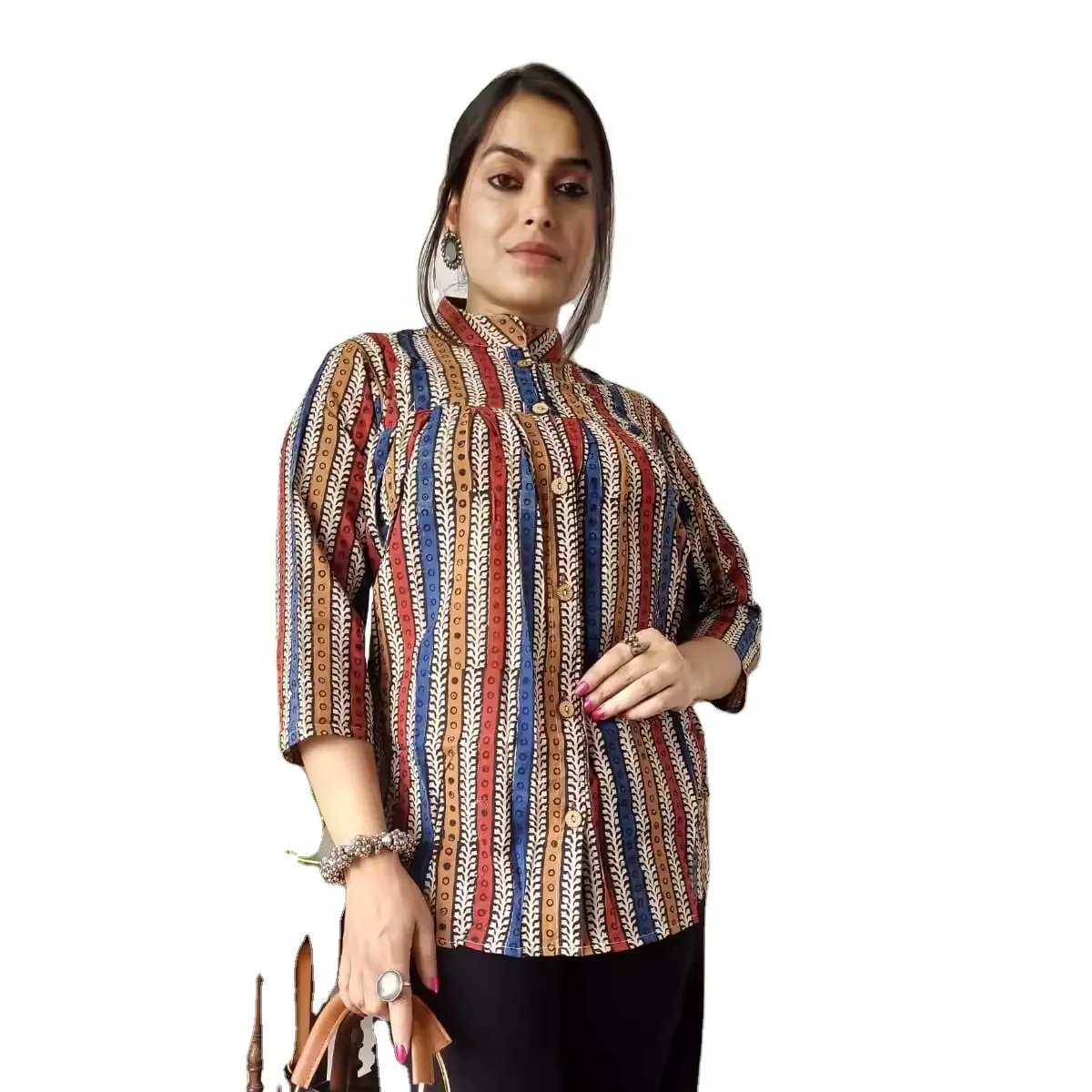 Best Verkopende 100% Katoen Bedrukt Casual Stijl Multi Color Design Shirt Top Met Driekwart Mouwen Voor Meisjes En Vrouwen