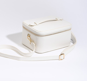 White PU Cosmetic <b>Case</b> Medium Size Zipper Closure Simple Style Soft Handle Portable <b>Makeup</b> Bag - Product Image 1