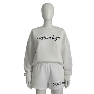 Ensemble de survêtement pour femmes, sweat-shirt à manches longues et col rond blanc uni et short assorti, vêtements de détente, ensemble deux pièces, OEM ODM, vente en gros - Product Image 5