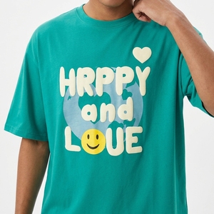 T-shirt surdimensionné pour hommes, couleur vert sarcelle, avec imprimé Happy And Love, manches courtes, col rond, chemise décontractée en jersey de coton - Product Image 2