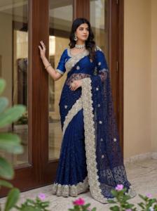 Indian Traditional Gorgeous Net with Embroidery Work With Pearls Diamond Fancy Saree for Festive Party for Women Trendy Wear - Product Image 4