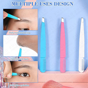 High Quality Stainless Steel Slant Tip Eyebrow Tweezers with Comb OEM Custom Logo Professional Care Beauty Tool Set - Product Image 4