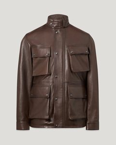 Veste moto en cuir véritable pour homme, marron, col rabattu, coupe classique, fermeture à un bouton, style automne - Product Image 1