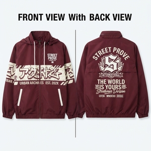 เสื้อแจ็คเก็ตกันลมแบบมีฮู้ด ไนลอนเบอร์กันดีพรีเมียม 220 กรัม ปักโลโก้แบบ 3 มิติ สตรีทแวร์ ซิปเต็มตัว ใส่ได้สองด้าน - Product Image 6