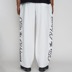 Extreme Wide Leg Script Graphic <b>White</b> <b>Joggers</b> for Men's Drawstring Waist Side Pockets Premium Quality Cotton/Fleece Track Pants - Product Image 2