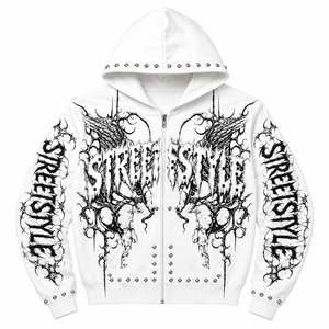 Sudadera con capucha personalizada blanca con gráfico gótico, cremallera, tachuelas, estilo Y2K, streetwear, oversize, estampado de ángel punk, de tejido grueso - Product Image 1