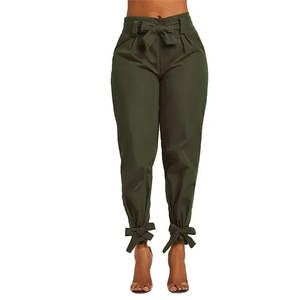 High Waist Olive Green Satin <b>Harem</b> Pants With Bow Ties At Waist And Ankles Casual Ankle-Length Women's <b>Trousers</b> - Product Image 1