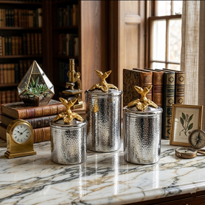 Premium Silver & Gold Canister Set of 3 Airtight Metal Food Storage <b>Jars</b> <b>Decorative</b> Tabletop Candy Cookie Container Set for Sale - Product Image 2
