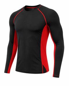 Camiseta de Manga Larga con Cuello Redondo, Personalizada para Hombre, Ajustada, de Secado Rápido, Transpirable, Anti-UV, con Bloques de Color, Negra y Roja, de Spandex - Product Image 4