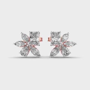 Boucles d'oreilles clous en or blanc/rose/jaune 9K avec diamants taille radiant et design floral en grappe marquise - Product Image 6
