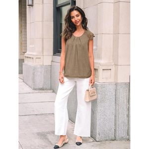 Blusas elegantes informales de negocios de verano para mujer de tamaño libre 2025 con encaje bordado y mangas cortas plisadas - Product Image 4