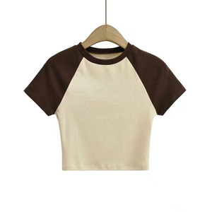 Women's Contrast <b>Raglan</b> Sleeve Crop <b>Top</b> Premium Cotton Crew Neck Short Sleeve Casual Summer Wear Custom Logo crop <b>top</b> for women - Product Image 4