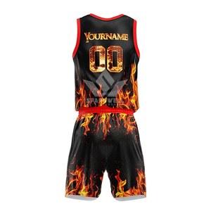 Ensemble de maillots de basket-ball personnalisés pour équipes, imprimé flamme noire, sublimé, col en V, sans manches, évacuation de l'humidité, vêtements de sport unisexes pour adultes - Product Image 4