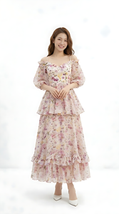 Vestido de Verano Elegante y Natural para Mujer, con Volantes Florales en Capas, Tejido Transpirable, Cintura Natural, Ecológico, Precio de Fábrica - Product Image 2