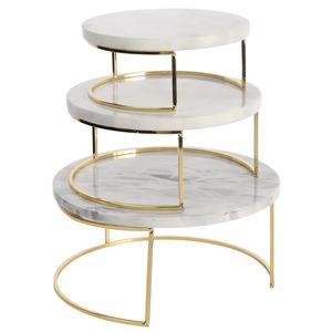Round <b>Marble</b> <b>Cake</b> <b>Stand</b> 3 Tier Gold Frame White Stone Surface - Product Image 3