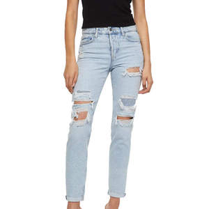 Wholesale Custom Women <b>Elastic</b> Stretch Breathable High <b>Waist</b> Solid Color Ribbed Straight Distressed <b>Jeans</b> - Product Image 1