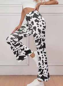 Hardhoodi Interination Women High Waist <b>Cow</b> <b>Print</b> <b>Flare</b> Pants Elastic Waist Full Length Sporty Trousers with Pockets All Seasons - Product Image 2