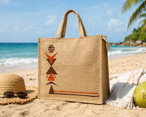Oversized Natural Jute Tote <b>Bag</b> with Two Color Geometric Print Eco Friendly <b>Reusable</b> Shopping Carry <b>Bag</b> - Product Image 4