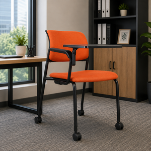 Chaise de bureau moderne en tissu orange avec structure métallique et roulettes pour usage commercial - Product Image 1