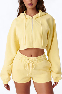 Ensemble de survêtement d'hiver pour femme, jaune, avec sweat à capuche court et pantalon long, léger, imprimé, style streetwear, taille élastique, coupe ample - Product Image 4