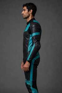 Men Leather Motorcycle Racing Suit <b>Black</b> Teal Color Blocked Full Sleeve <b>One</b> Piece <b>Bodysuit</b> - Product Image 6