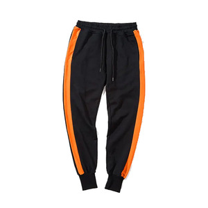Pantalon de jogging léger noir pour homme avec bande latérale orange, taille élastique, braguette zippée, décontracté, pour le printemps, en lin/coton - Product Image 1