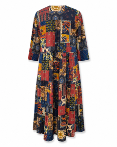 Robe maxi en coton tissé naturel style bohème patchwork pour femme, coupe ajustée, ourlet plissé, tenue décontractée d'été - Product Image 5