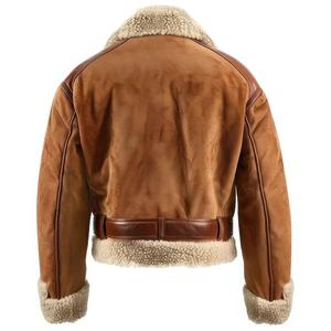Men's <b>Brown</b> Genuine <b>Leather</b> Aviator <b>Jacket</b> With Sherpa Lining Turn-down Collar Zipper Closure Winter Moto Biker Style - Product Image 2